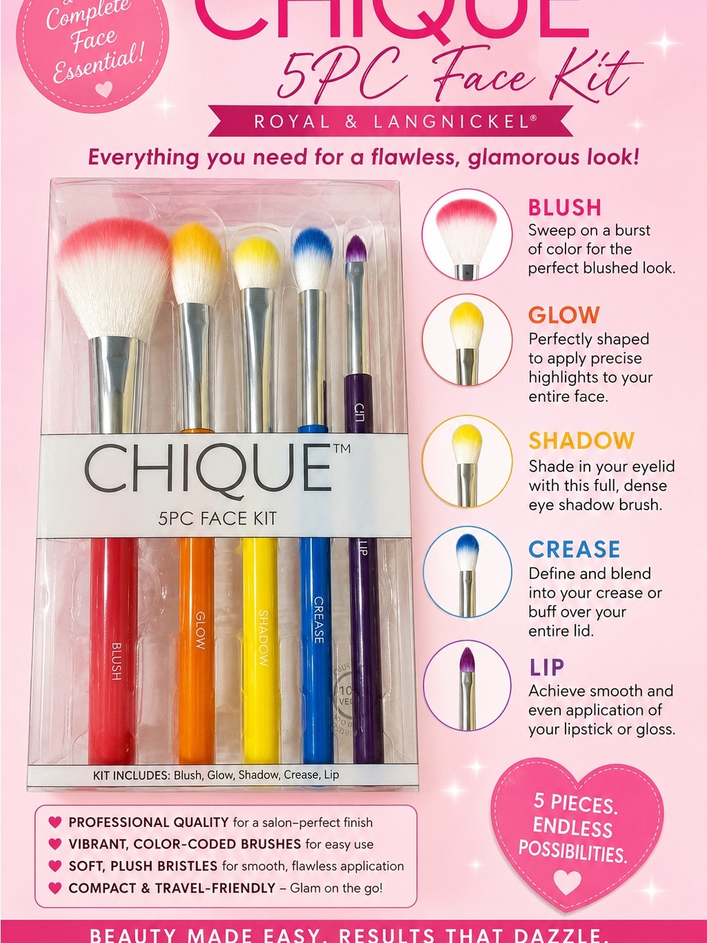 CHIQUE 5PC Face Brush Kit - Multicolor